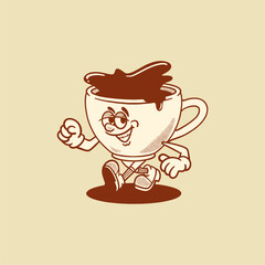 coffee cup retro cartoon character mascot illustration with happy face for drink product, plantation, grocery, health food, cafes mascots and merchandise. groovy, vector, editable, icon, eps