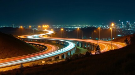 A night view of a winding highway with light trails from moving vehicles, and a cityscape in the distance.
