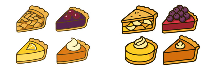 Assortment of delicious fruit and cream pie slices, including apple, blueberry, lemon, pumpkin, and cherry desserts