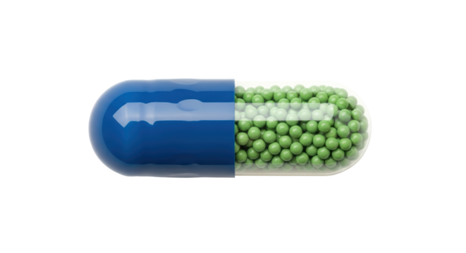 Isolated capsule with green pellets for oral administration in blue coating, supplements