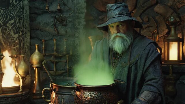 Enchanting wizard brewing magical potion in ancient lair