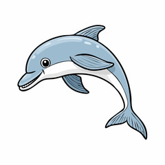 Fototapeta premium Cartoon illustration of a light blue dolphin with a white belly, smiling and leaping out of the water, depicted with a friendly expression.