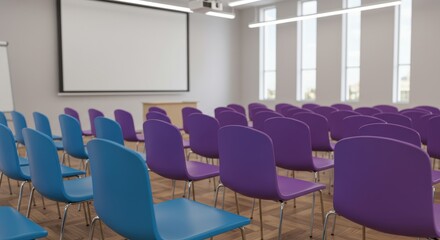 Empty Modern Conference Room with Projector Screen and Blue & Purple Chairs Ready for Presentation