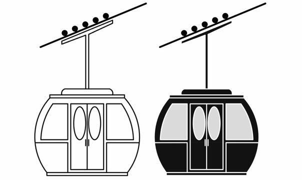 Cable car gondola or aerial lift icon set in outline and silhouette style. Transport cabin with doors and suspension line for logo,symbol,illustration,mountain, ski resort, urban transport, and travel