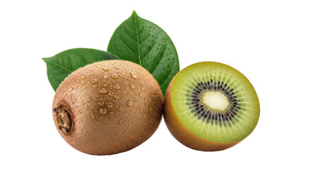 Isolated kiwi fruit halves and leaves, a whole kiwifruit, an excellent healthy snack option