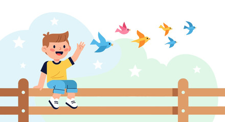 Fototapeta premium Child Waving, Birds Fly in Sky, Sunny Day, Animated Illustration, Happy Boy on Fence