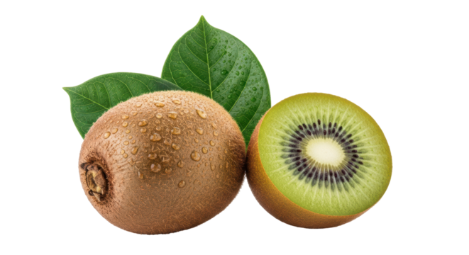 Isolated kiwi fruit halves and leaves, a whole kiwifruit, an excellent healthy snack option