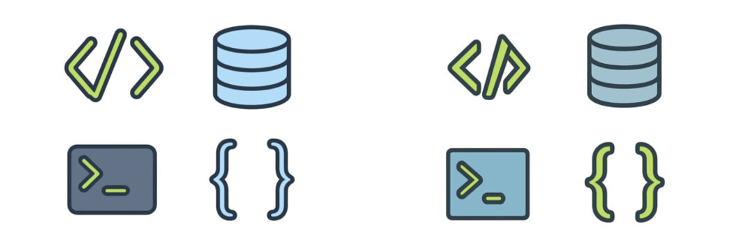 Modern Collection of Programming, Coding, and Database Icons for Software Development, Web Design, and Technology Concepts