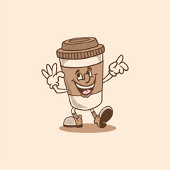 paper cup retro cartoon character mascot illustration with happy face for drink product, plantation, grocery, health food, cafes mascots and merchandise. groovy, vector, editable, icon