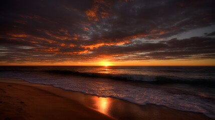 Obraz premium A breathtaking tropical beach sunset with vibrant clouds and golden reflections on the wet sand.