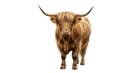 Isolated Highland cow standing with long horns, a breed from Scotland, livestock portrait