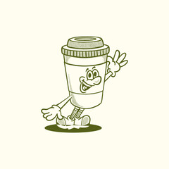 paper cup retro cartoon character mascot illustration with happy face for drink product, plantation, grocery, health food, cafes mascots and merchandise. groovy, vector, editable, icon	
