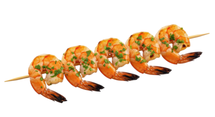 Isolated barbecued shrimp kebab on a skewer with parsley garnish on a white background
