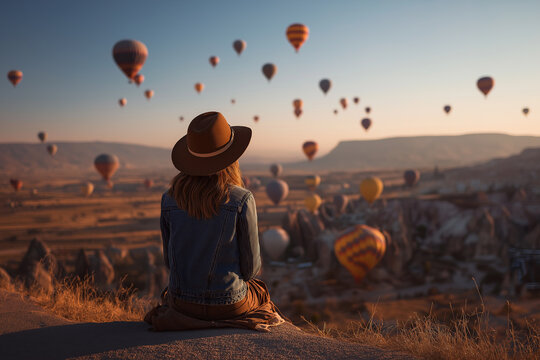Woman on Mountain Summit with Floating Balloon.