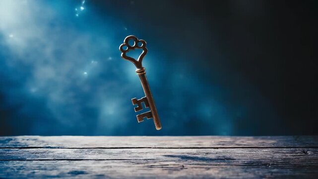 Mysterious key floating above wooden surface with light effects