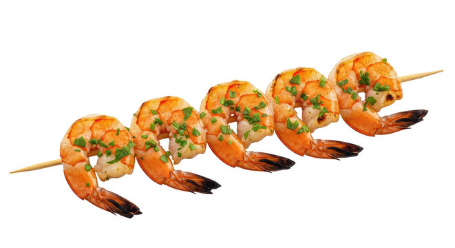 Isolated barbecued shrimp kebab on a skewer with parsley garnish on a white background