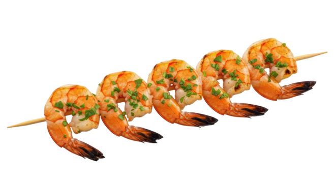Isolated barbecued shrimp kebab on a skewer with parsley garnish on a white background