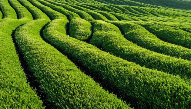 Lush Green Tea Plantation Terraces in Rolling Hills Under Natural Sunlight Aerial View of Agricultural Landscape Tranquil Rural Scene Organic Farm
