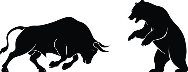 Silhouette illustration of a bull charging and a bear standing upright facing each other in black and white © graphicshub