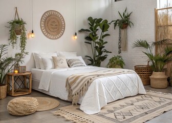 Creating a bohemian chic bedroom with white bedding embracing nature with plants and woven textures for a calm atmosphere