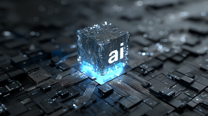 Futuristic Glowing Blue AI Cube.