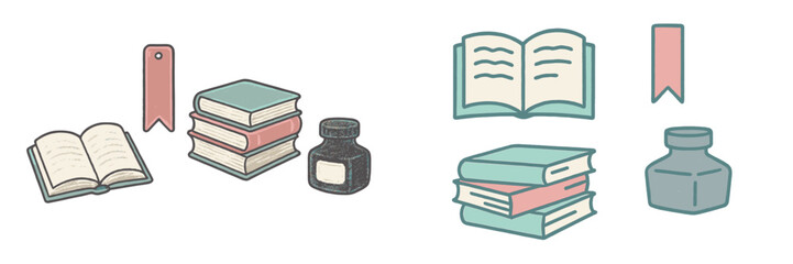Essential reading and writing elements featuring open books, stacked books, inkwells, and decorative page markers