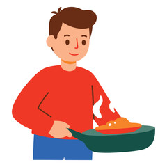 Vector art of young man cooking food in a frying pan