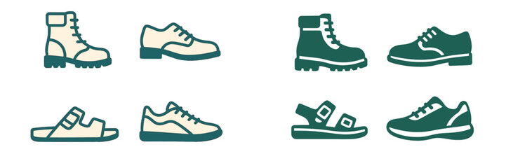Modern footwear icons collection featuring boots, sneakers, dress shoes, and casual sandals in a diverse set