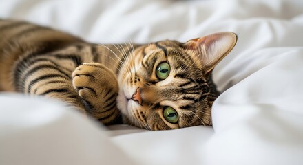 Adorable tabby cat relaxing on white bedding.