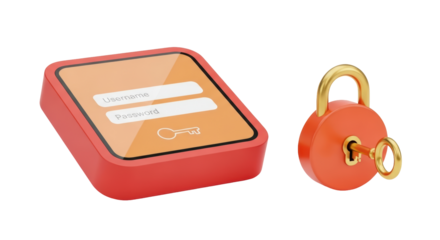Isolated login box with username and password fields next to a padlock with a key inserted