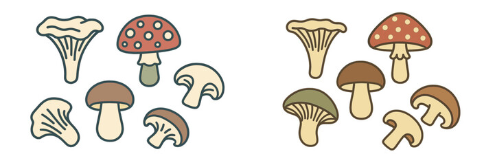 Assortment of wild and cultivated fungi with different cap and stem shapes, showcasing various mushroom types in earthy tones
