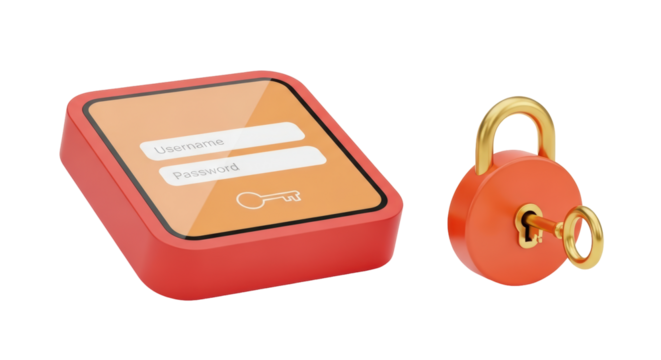 Isolated login box with username and password fields next to a padlock with a key inserted