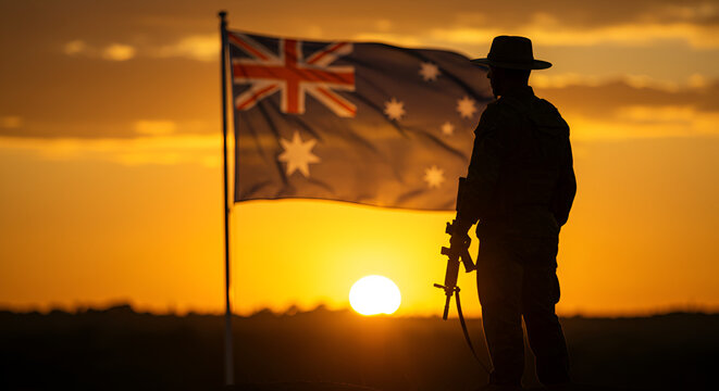 Silhouette of a soldier and australian flag against a vibrant sunset backdrop
