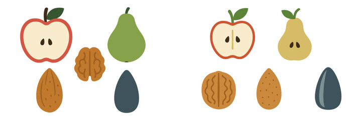 Assortment of fresh fruits and nuts including whole and sliced apples, pears, walnuts, almonds, and sunflower seeds