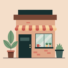 Obraz premium Minimalist coffee shop exterior with plants potted plants