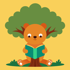Orange bear reading book under green tree vector