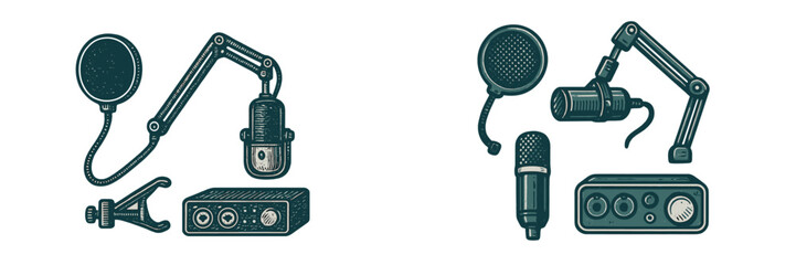 Professional studio podcasting equipment including microphones, pop filters, boom arms, and audio interface for broadcasting © Mark