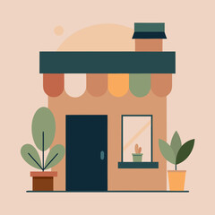 Minimalist shop with plants and awning exterior building
