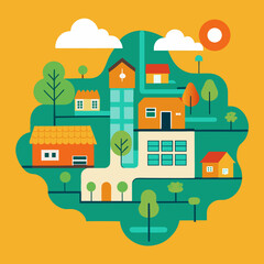 Orange green village scene with trees and clouds houses