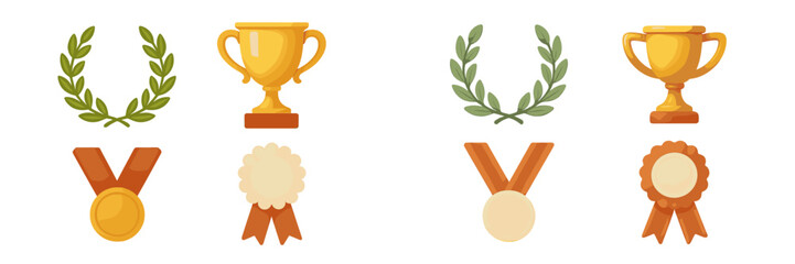 Set of golden trophies, laurel wreaths, medals, and rosettes representing achievement and success
