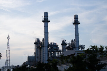 Fototapeta premium Natural Gas Combined Cycle Power Plant ,Gas turbine electrical power plant with in Twilight power for factory energy concept.