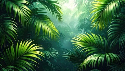 Obraz premium Lush Green Tropical Palm Leaves in Dense Forest with Pixelated Style Digital Art and Bright Sunlight Piercing Through the Canopy