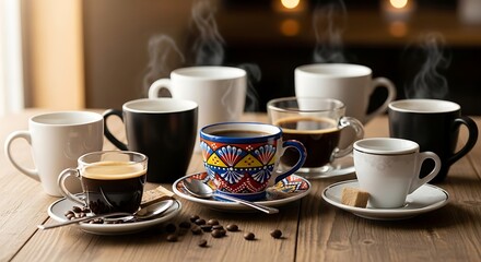 Obraz premium Assortment of coffee cups on wooden table.