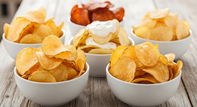 Assorted Bowls of Crispy Potato Chips. - Powered by Adobe