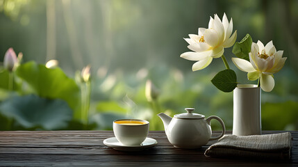 Serene Tea Setting with Lotus Blooms A Refreshing Moment of Tranquility and Natural Beauty in Gentle Sunlight