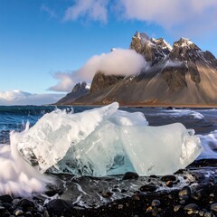 Iceberg on a volcanic beach at dawn