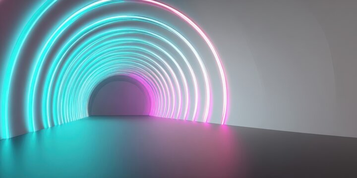 Colorful neon lights create an artistic tunnel effect in a space
