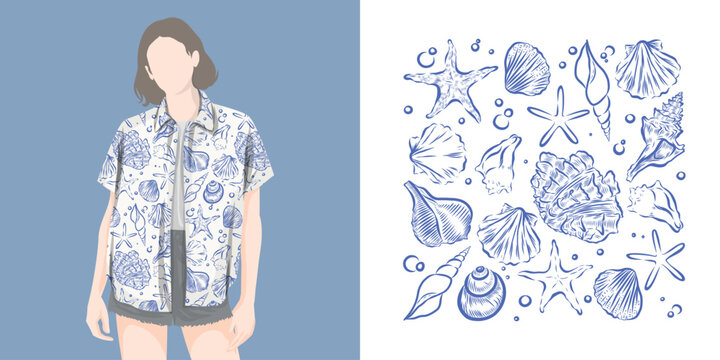 Seamless pattern of sea shell and star fish.