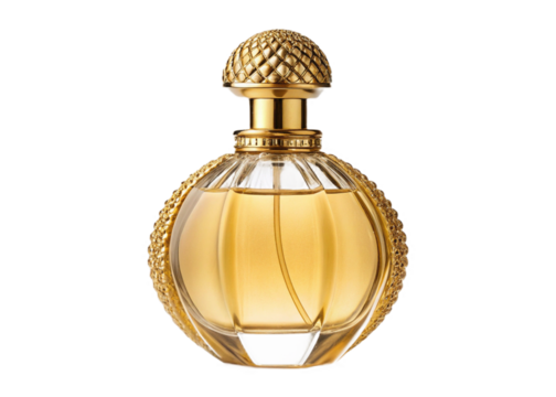 Elegant golden perfume bottle with ornate cap and textured collar, cut out transparen