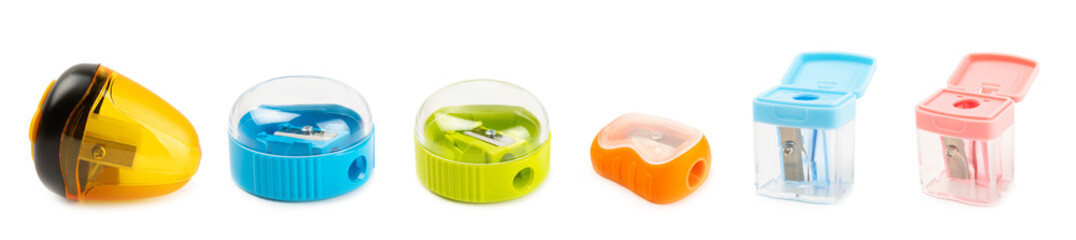 Pencil sharpener isolated on white background. Pencil and pencil shavings. Stationery. School...